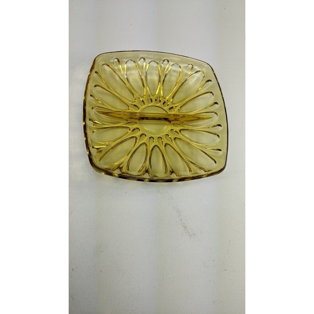Vintage 7" Square Amber/Yellowish Divided Dish, Glass Pre-owned